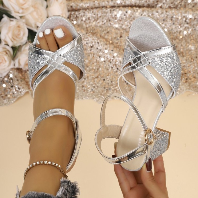 Metallic Heel Sandal - Женские босоножки на блочном каблуке, золотистые,