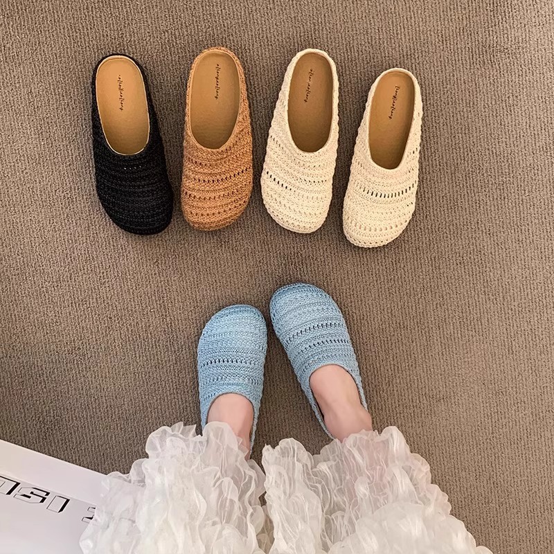 Slip On Mule Flat - Женские тапочки-мюли из рафии, летние дышащие
